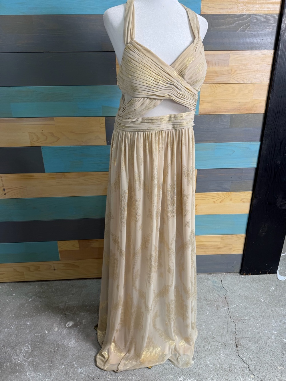 Betsy & Adam Gold Metallic Chiffon Gown Crisscross Ruched Bodice Zip Closure
